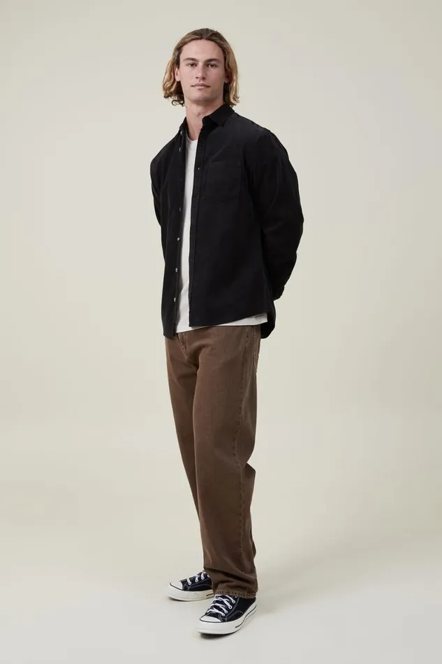 Men Shirts and Polos Cotton On Portland Long Sleeve Shirt Washed Black Cord