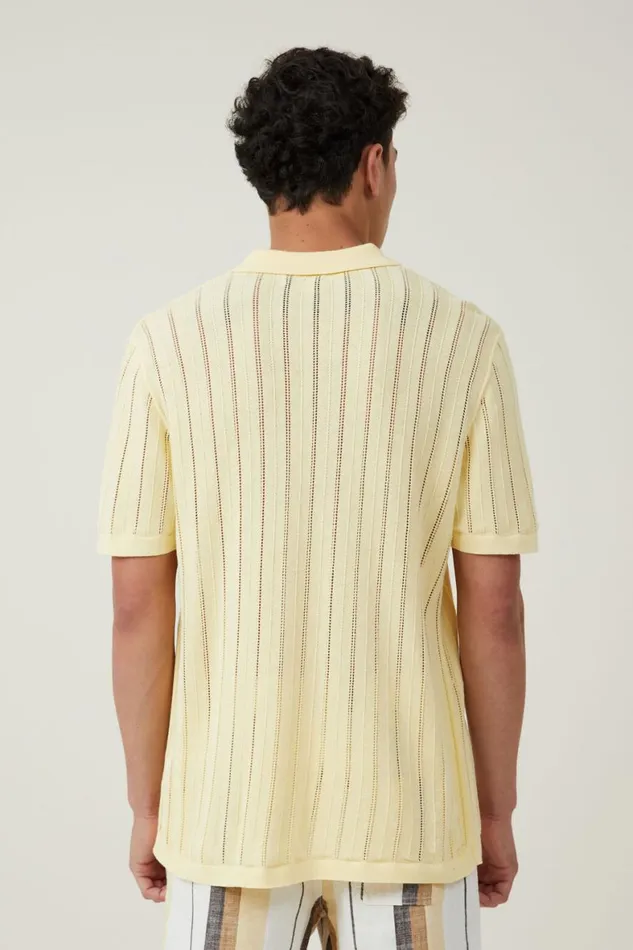 Men Shirts and Polos Cotton On Resort Short Sleeve Polo Summer Yellow Pointelle