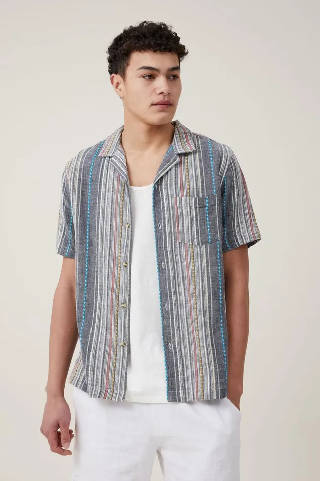 Men Shirts and Polos Cotton On Riviera Short Sleeve Shirt Blue Multi Stripe