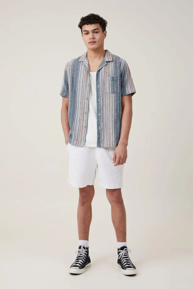 Men Shirts and Polos Cotton On Riviera Short Sleeve Shirt Blue Multi Stripe