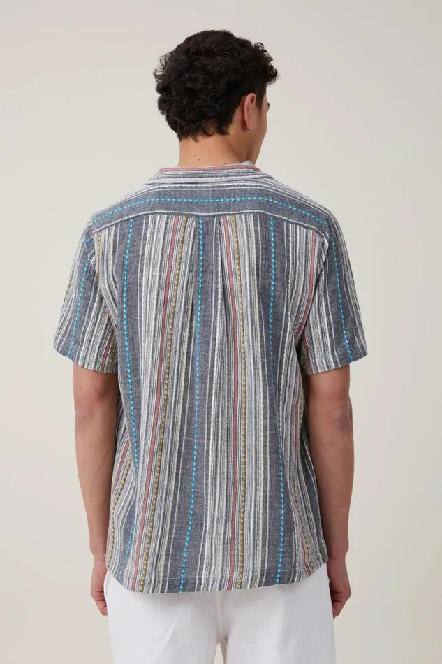 Men Shirts and Polos Cotton On Riviera Short Sleeve Shirt Blue Multi Stripe