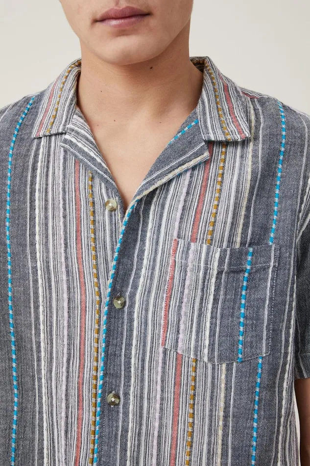 Men Shirts and Polos Cotton On Riviera Short Sleeve Shirt Blue Multi Stripe