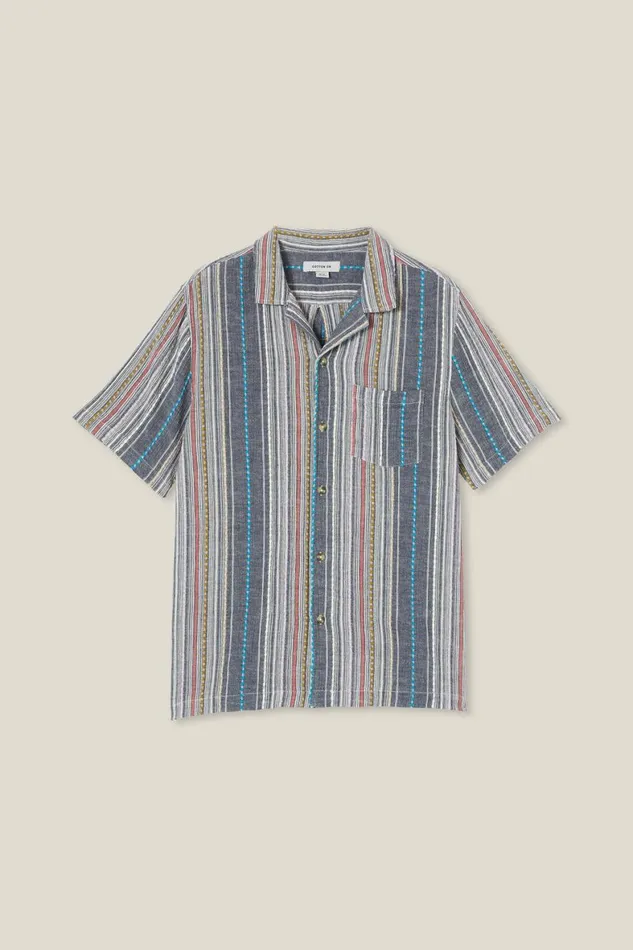 Men Shirts and Polos Cotton On Riviera Short Sleeve Shirt Blue Multi Stripe