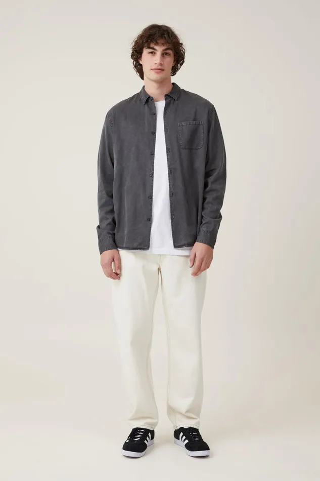 Men Shirts and Polos Cotton On Stockholm Long Sleeve Shirt Washed Black Slub