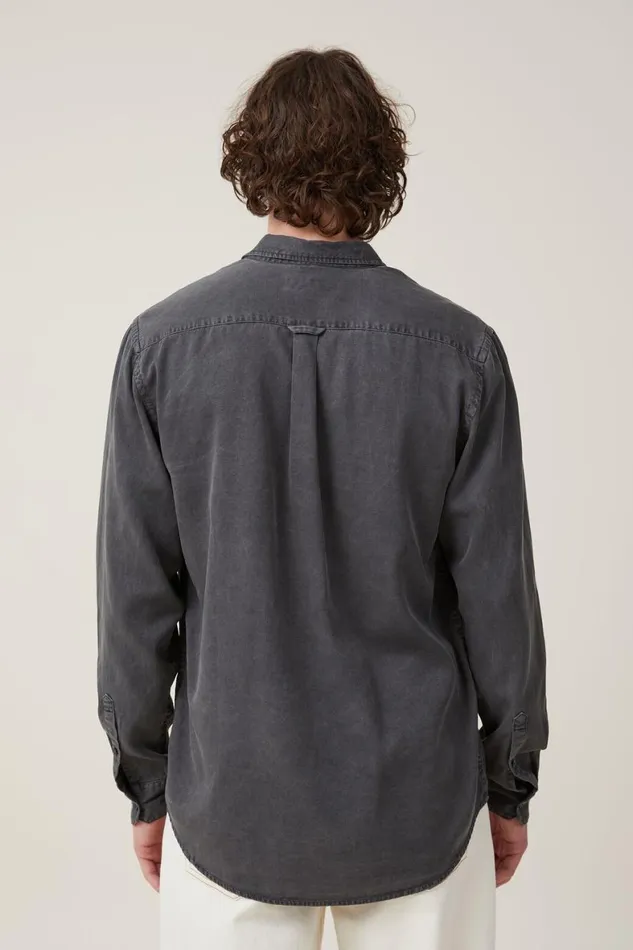 Men Shirts and Polos Cotton On Stockholm Long Sleeve Shirt Washed Black Slub