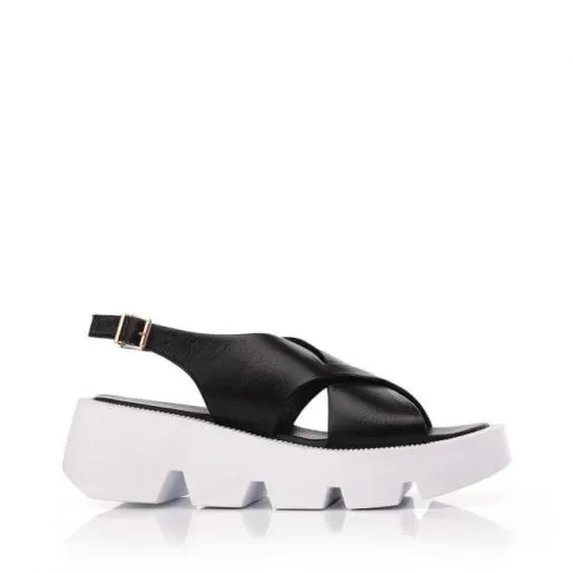 Nakia Black Leather Women Moda In Pelle Wedge Sandals