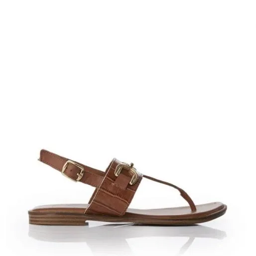 Naysa Tan Leather Women Moda In Pelle Flat Sandals