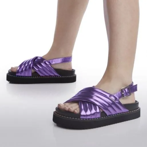 Niam Purple Metallic Women Moda In Pelle Flat Sandals Niam Purple Metallic Women Moda In Pelle Flat Sandals