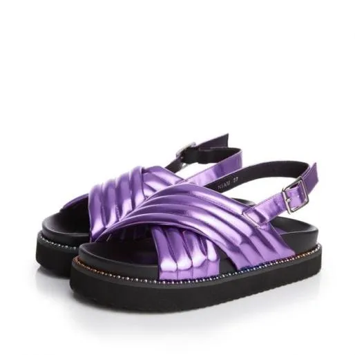 Niam Purple Metallic Women Moda In Pelle Flat Sandals Niam Purple Metallic Women Moda In Pelle Flat Sandals