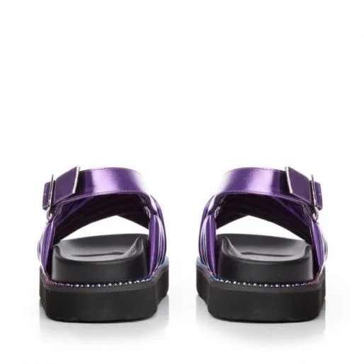 Niam Purple Metallic Women Moda In Pelle Flat Sandals Niam Purple Metallic Women Moda In Pelle Flat Sandals