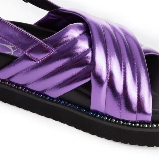 Niam Purple Metallic Women Moda In Pelle Flat Sandals Niam Purple Metallic Women Moda In Pelle Flat Sandals