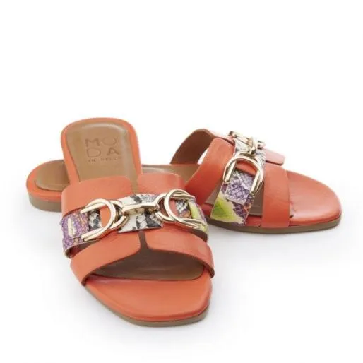 Noela Orange Snake Print Leather Women Moda In Pelle Flat Sandals