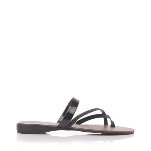 Olia Black Leather Women Moda In Pelle Flat Sandals
