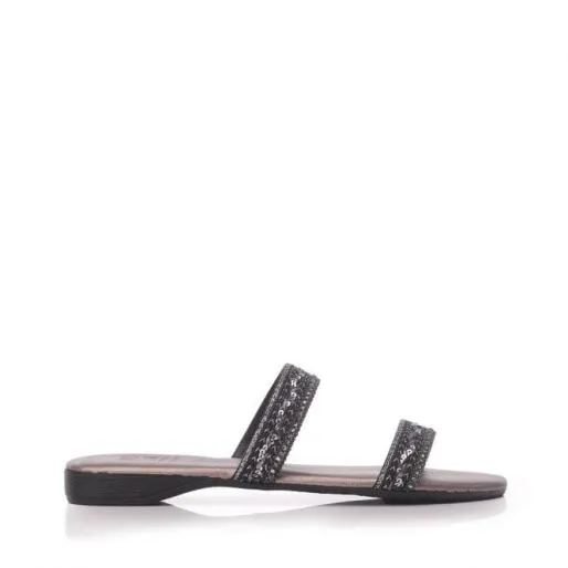Oliva Black Leather Women Moda In Pelle Flat Sandals