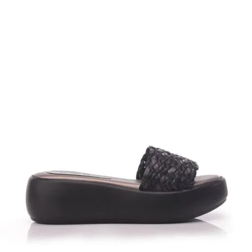 Orber Black Leather Women Moda In Pelle Slider Sandals