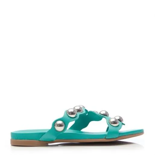 Oriel Green Leather Women Moda In Pelle Flat Sandals