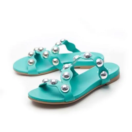 Oriel Green Leather Women Moda In Pelle Flat Sandals