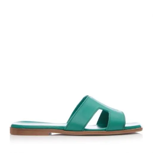 Orphia Green Leather Women Moda In Pelle Flat Sandals