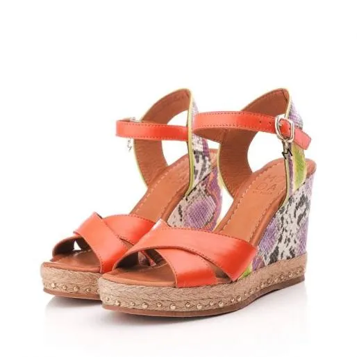 Rosette Orange Leather Women Moda In Pelle Wedge Sandals
