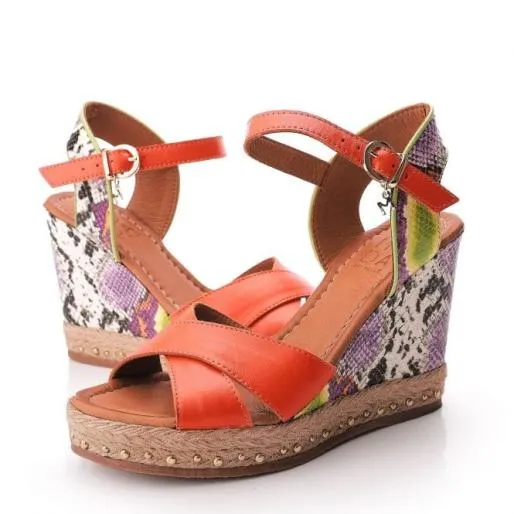 Rosette Orange Leather Women Moda In Pelle Wedge Sandals