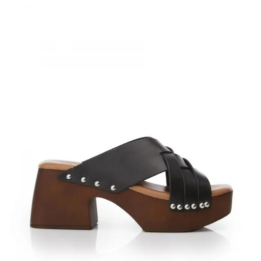 Saffron Black Leather Women Moda In Pelle Mule Sandals
