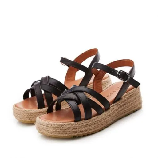 Sh Abrielle Black Leather Women Moda In Pelle Wedge Sandals