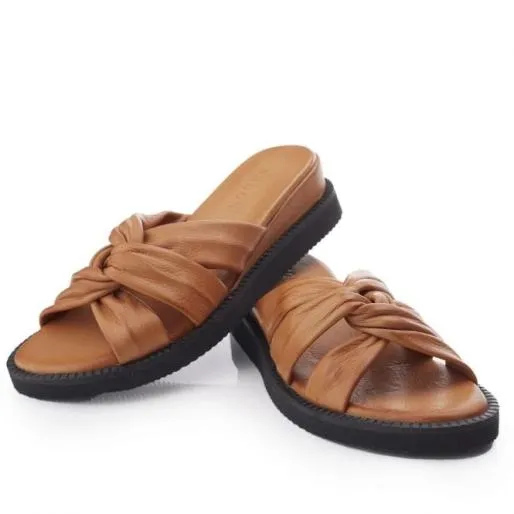 Sh Ikarus Tan Leather Women Moda In Pelle Slider Sandals