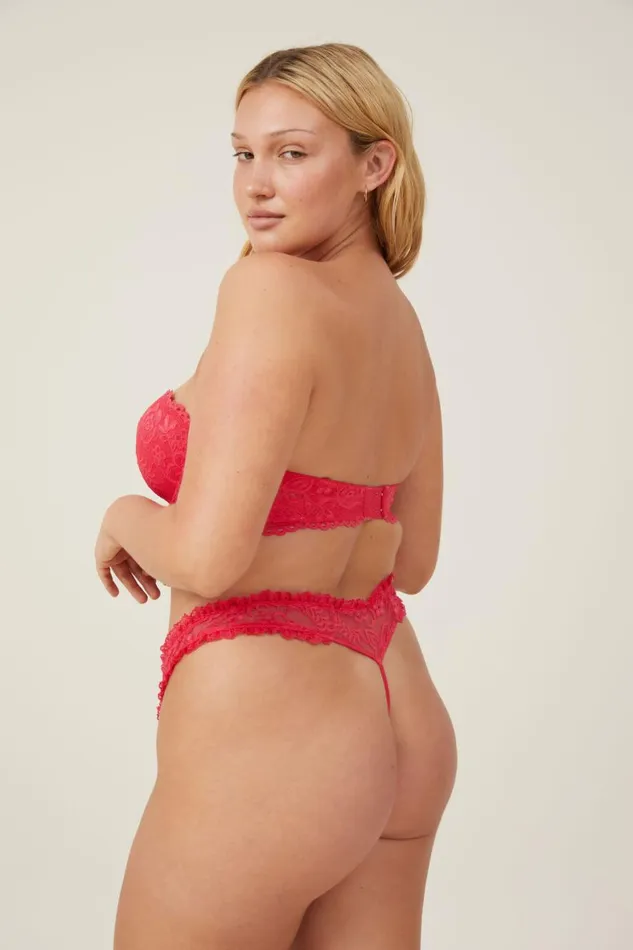 Women Bras Cotton On Butterfly Lace Strapless Push Up2 Bra Rose Red