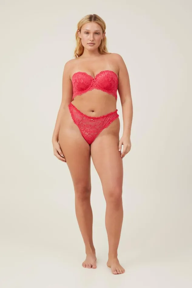 Women Bras Cotton On Butterfly Lace Strapless Push Up2 Bra Rose Red