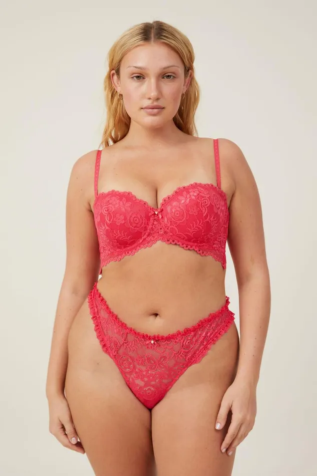 Women Bras Cotton On Butterfly Lace Strapless Push Up2 Bra Rose Red