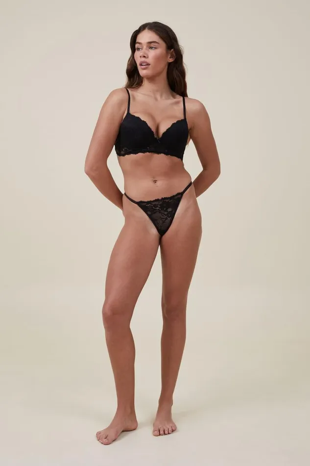 Women Bras Cotton On Everyday Lace Longline Push Up 2 Bra Black