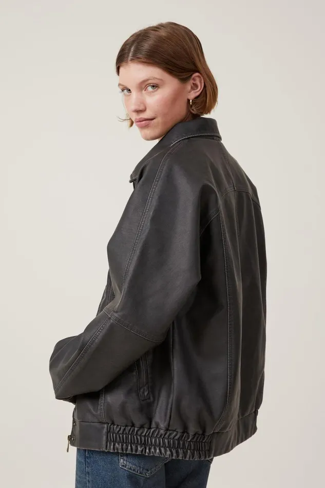 Women Jackets Cotton On Faux Leather Bomber Jacket Washed Black