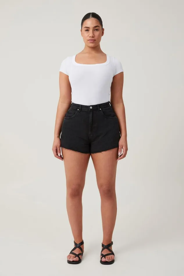 Women Jeans Cotton On Curvy High Mom Denim Short Graphite Black
