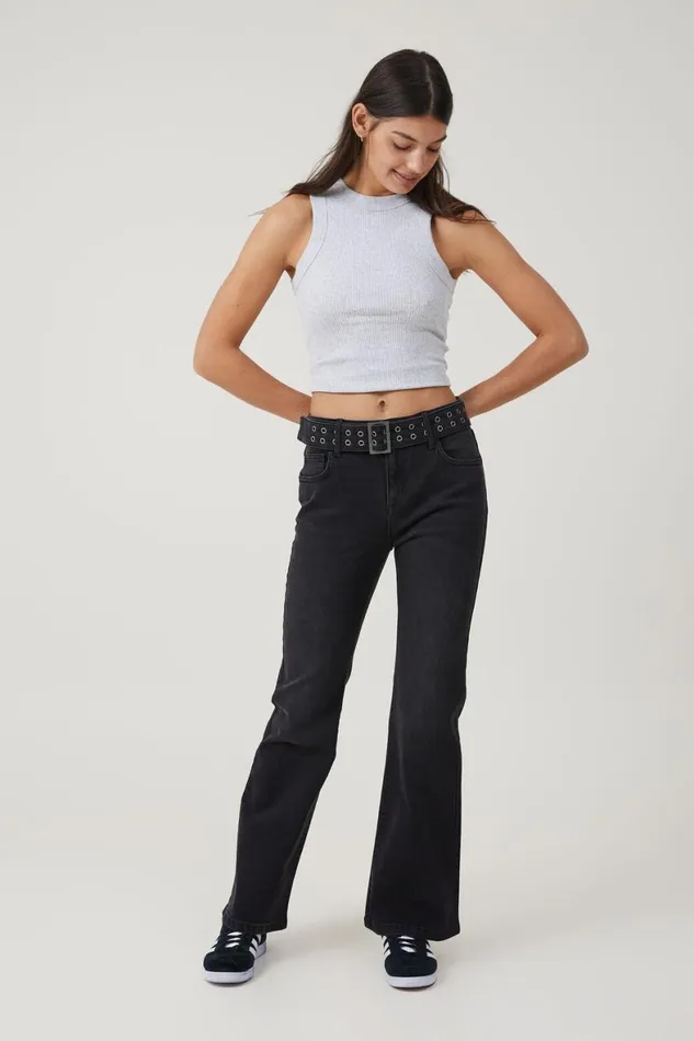 Women Jeans Cotton On Stretch Bootcut Flare Jean Black Peppereyelet Belt