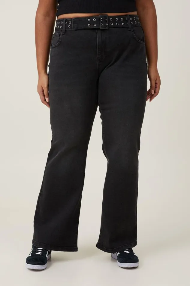 Women Jeans Cotton On Stretch Bootcut Flare Jean Black Peppereyelet Belt