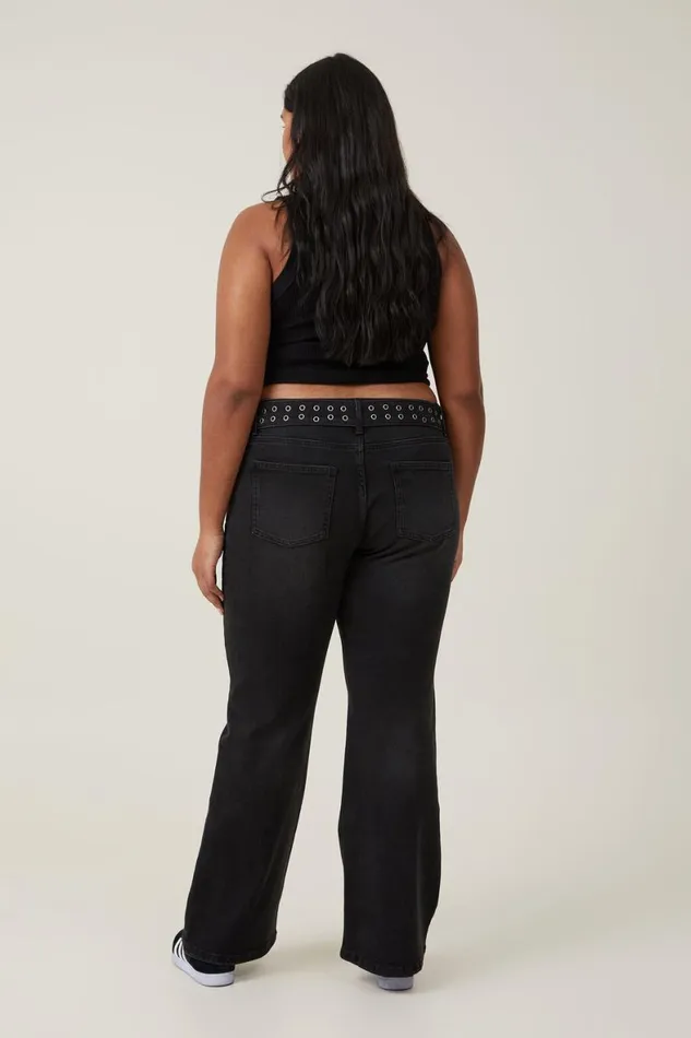 Women Jeans Cotton On Stretch Bootcut Flare Jean Black Peppereyelet Belt