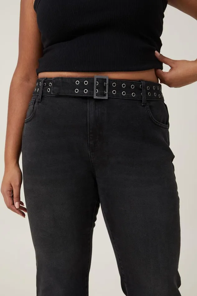 Women Jeans Cotton On Stretch Bootcut Flare Jean Black Peppereyelet Belt