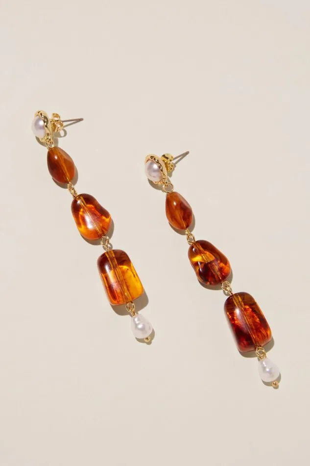 Women Jewelry Cotton On Mid Charm Earring Gold Plated Amber Bead Drop