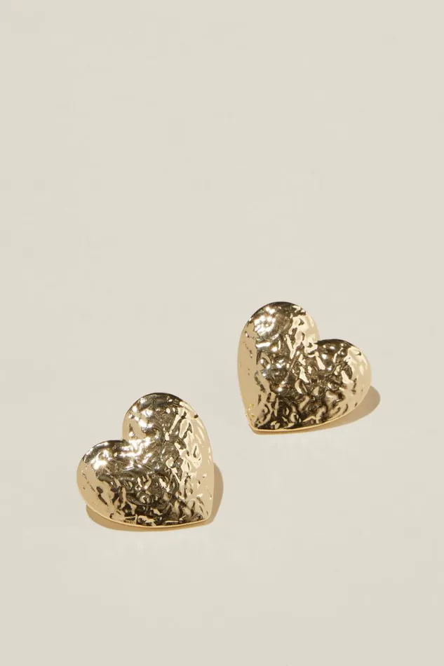 Women Jewelry Cotton On Mid Charm Earring Gold Plated Hammered Heart Stud