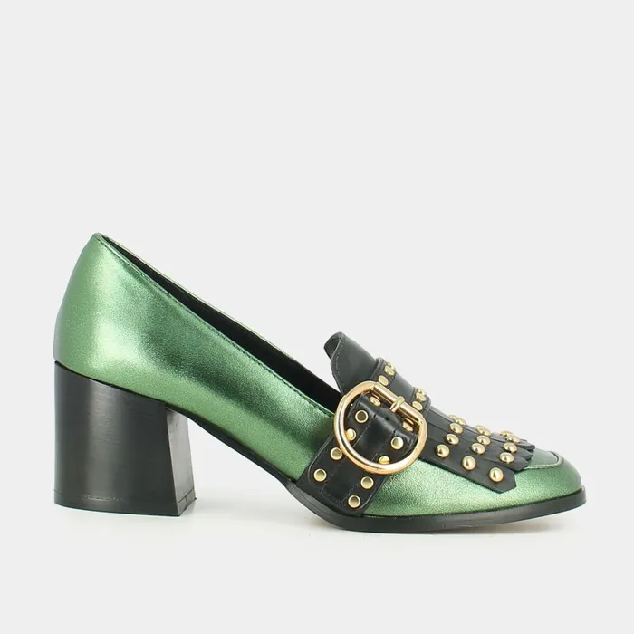 Women Loafers Jonak Heeled Moccasins In Green Metallic Leather