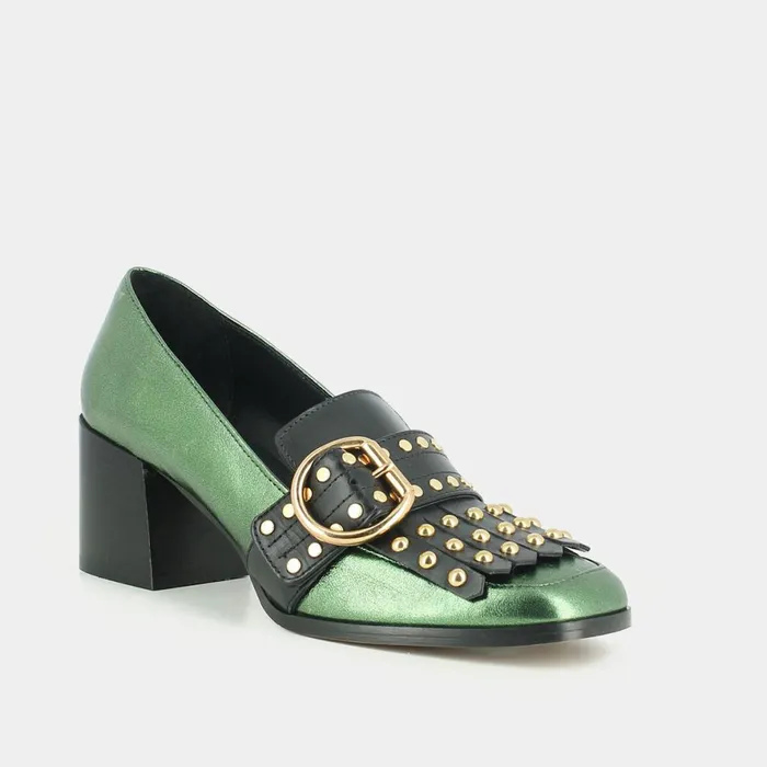Women Loafers Jonak Heeled Moccasins In Green Metallic Leather