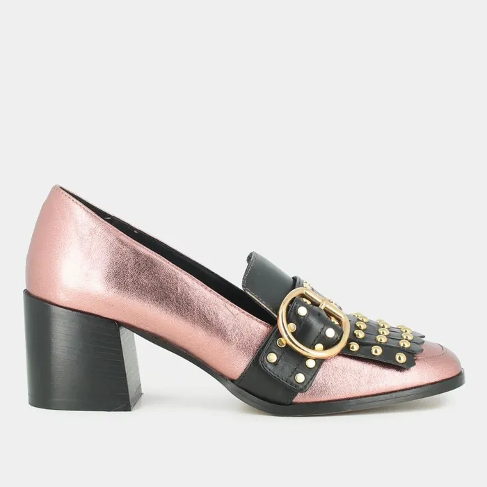 Women Loafers Jonak Heeled Moccasins In Pink Metallic Leather
