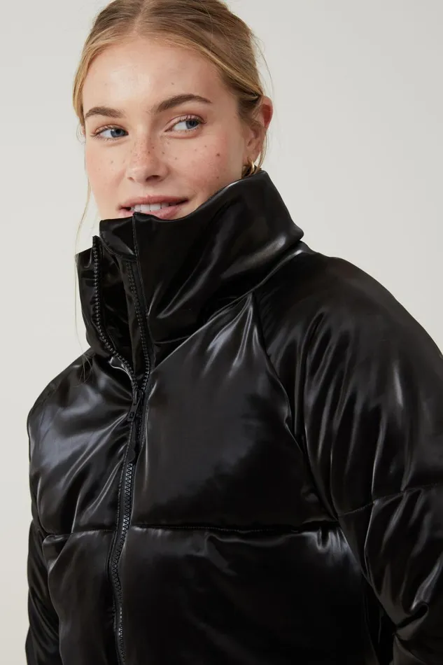Women Puffers and Jackets Cotton On The Recycled Cropped Mother Puffer 20 Black Gloss