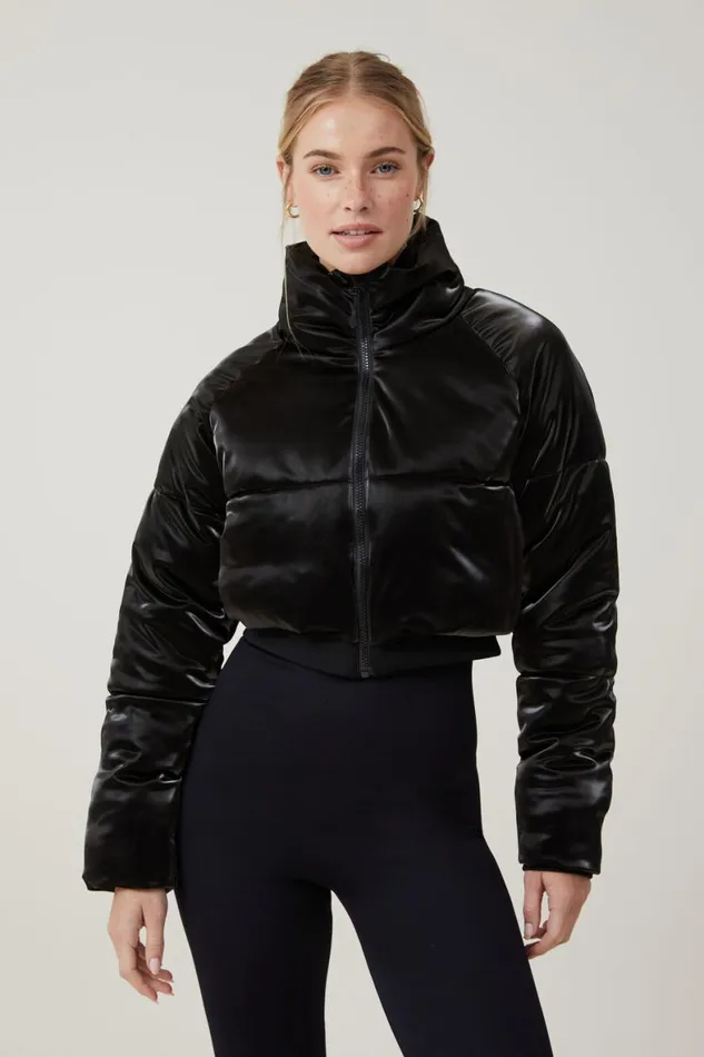 Women Puffers and Jackets Cotton On The Recycled Cropped Mother Puffer 20 Black Gloss