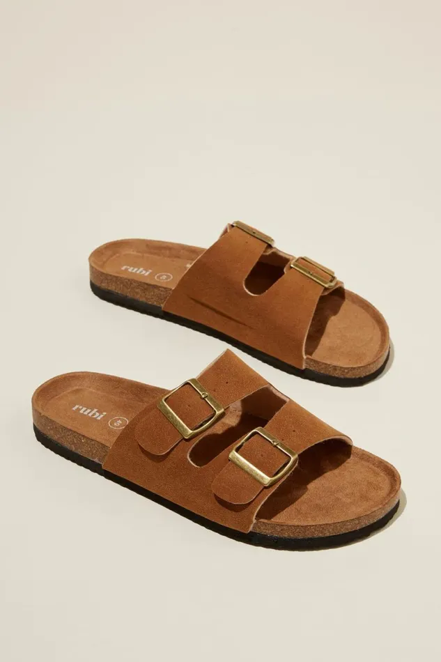 Women Shoes and Slippers Cotton On Rex Double Buckle Slide Sienna Brown Micro