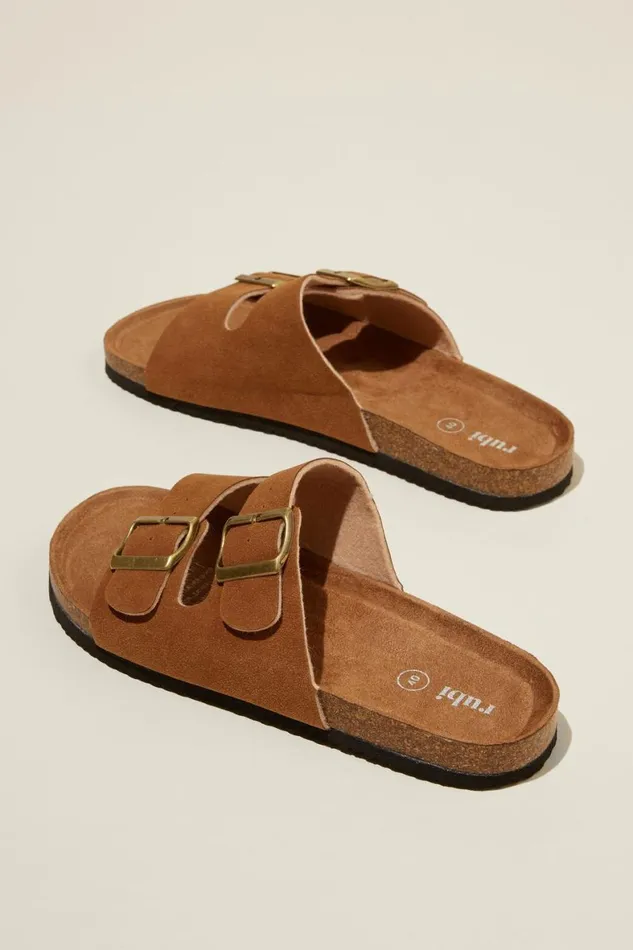 Women Shoes and Slippers Cotton On Rex Double Buckle Slide Sienna Brown Micro