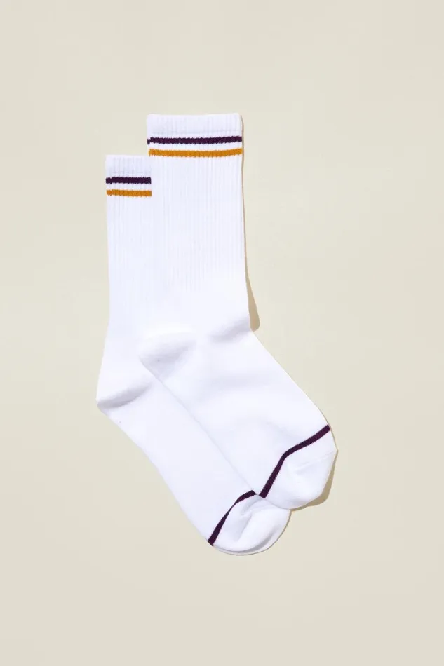 Women Socks Cotton On Club House Crew Sock Whiteplum Orange Stripe