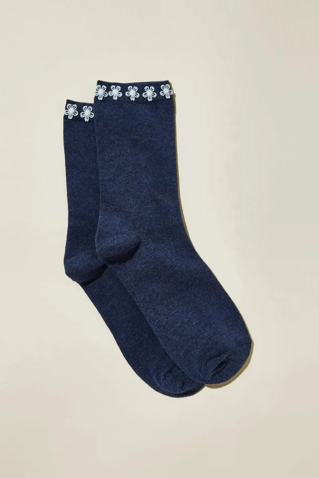 Women Socks Cotton On Floral Welt Crew Sock Blue Floralsnavy