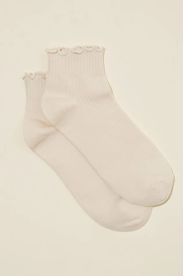 Women Socks Cotton On Frill Ribbed Ankle Sock Sand Stone