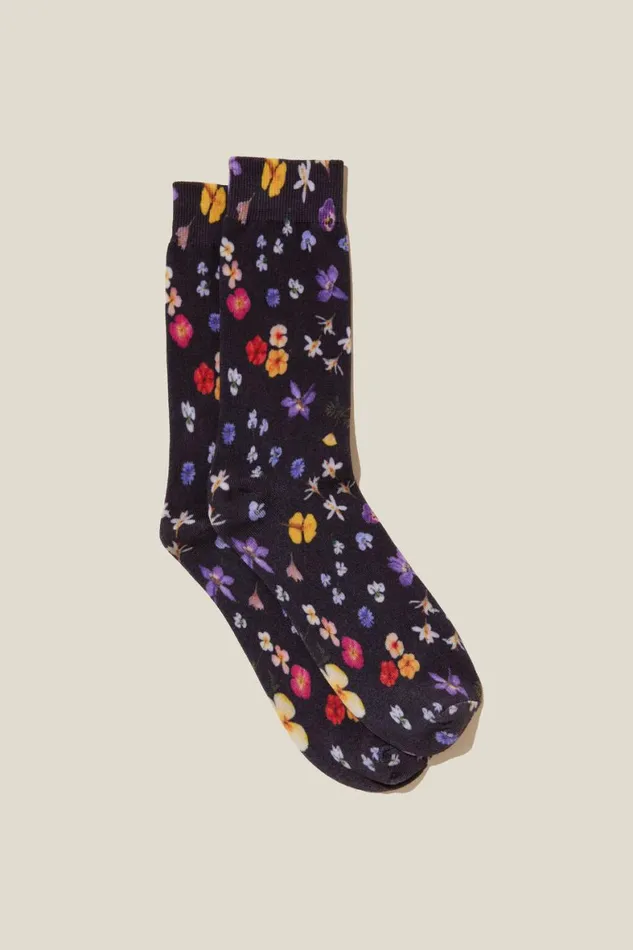 Women Socks Cotton On Printed Crew Sock Pressed Flowers Yardageblack